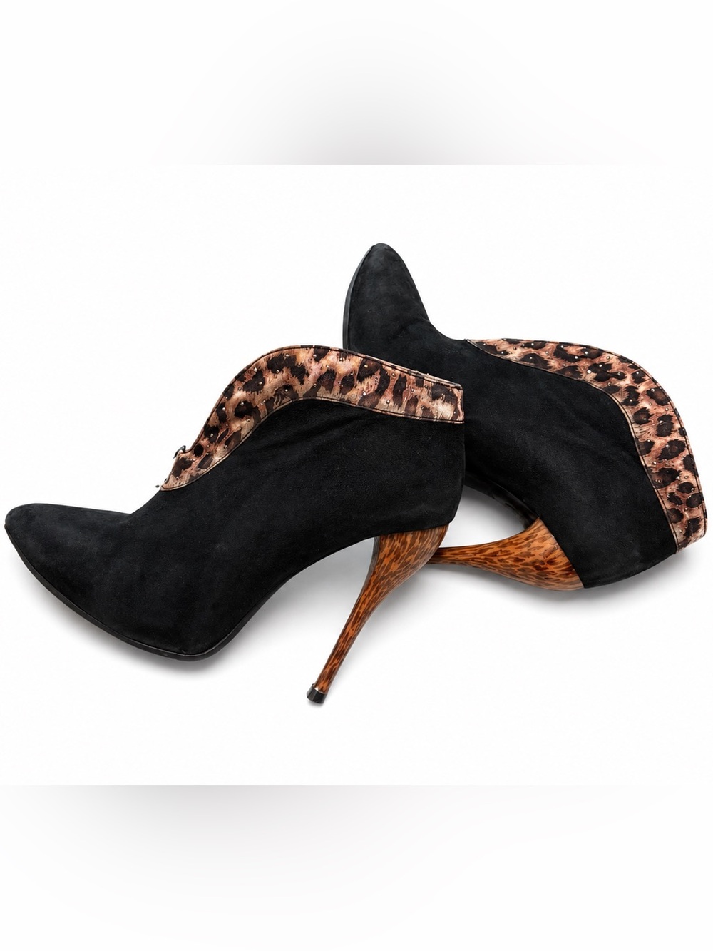 Black Suede Leopard Trim Stiletto Ankle Booties Size 36 Y2K